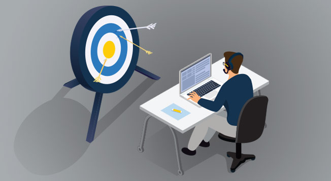 vector graphic of a man at a desk with a target in front of him