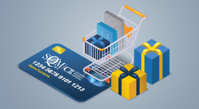 a credit card with presents and a shopping cart